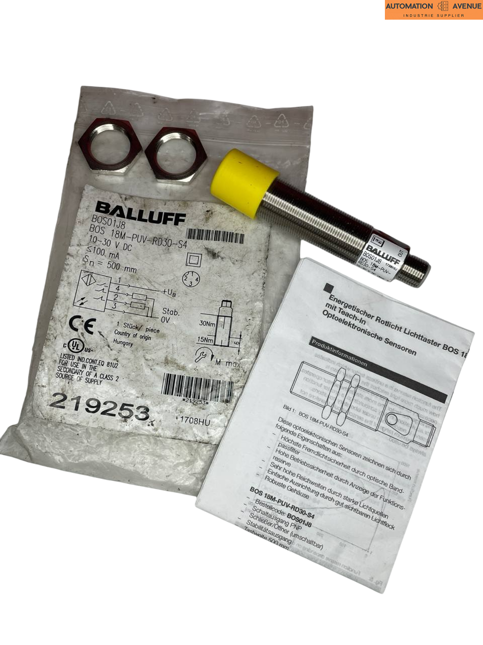 Balluff BOS01J8 / BOS 18M-PUV-RD30-S4 Rotlicht-Lichttaster, M18, 0–500 mm, PNP NO/NC, M12 4-polig