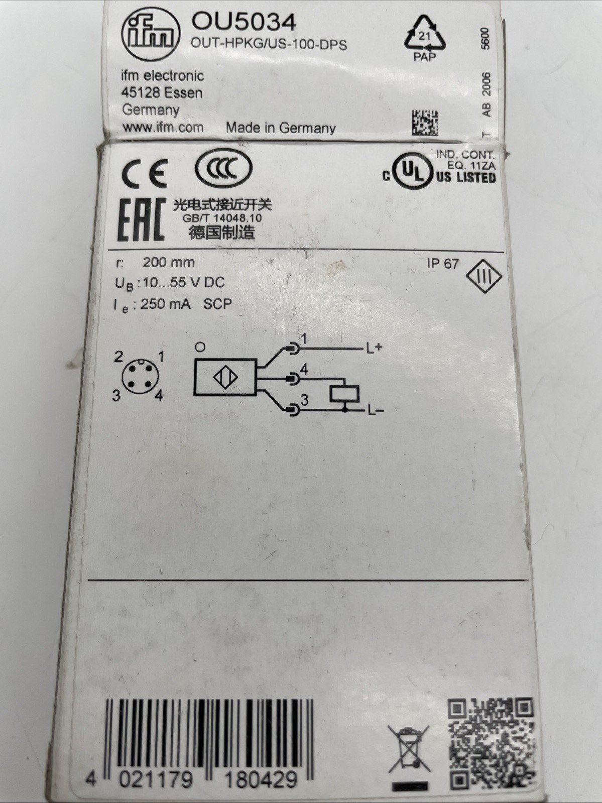 ifm OU5034 (OUT-HPKG/US-100-DPS) Reflexlichttaster, PNP, Hellschaltung, 200 mm, IP67 - Bild 3