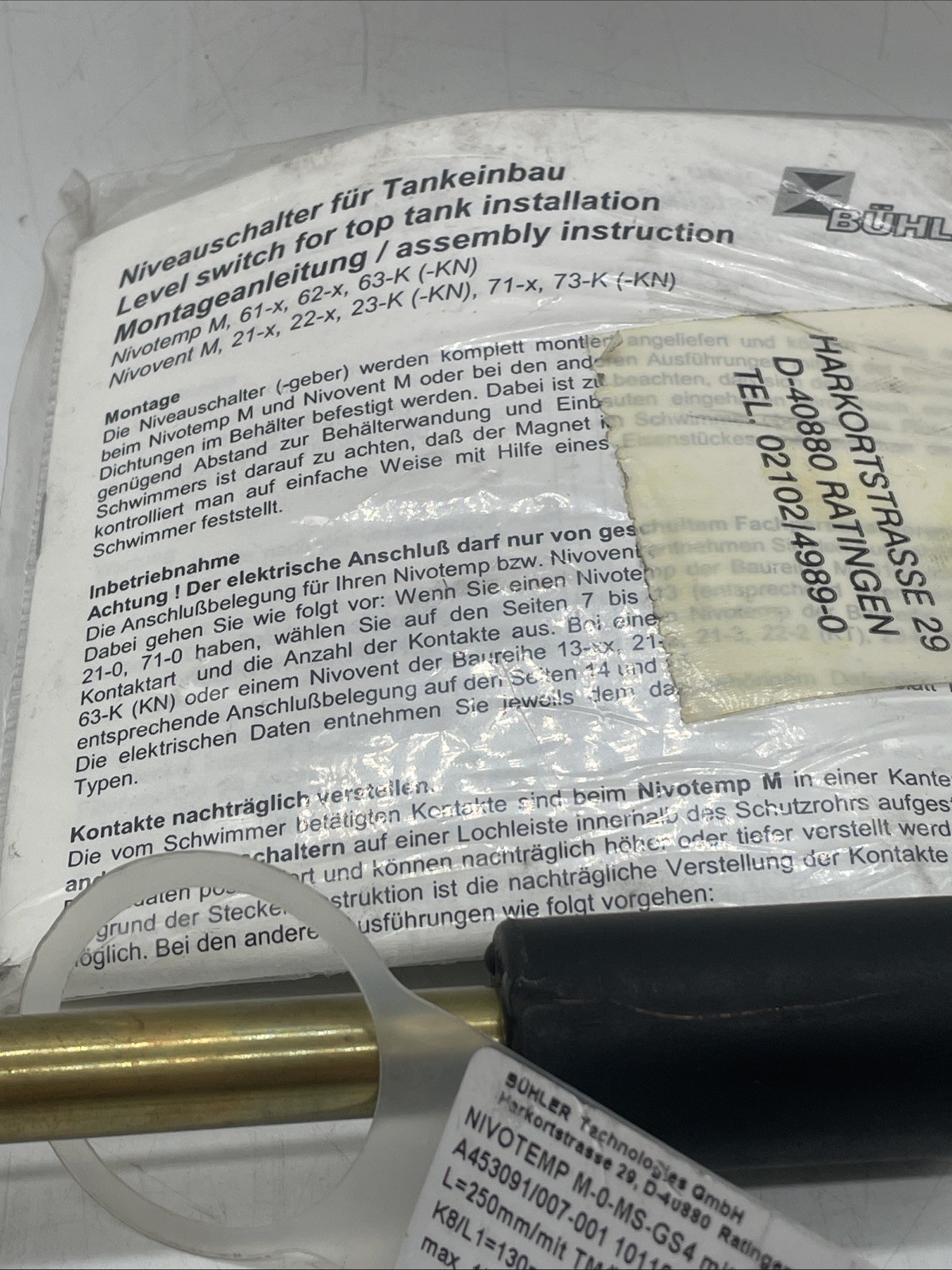 Bühler NIVOTEMP M-0-MS-GS4 mit SK161 – Niveauschalter für Tankeinbau (Neu) - Bild 3