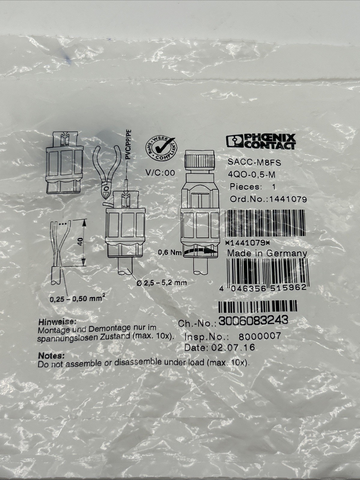 Phoenix Contact SACC-M 8FS-4QO-0.5-M (1441079) – M8 Circular Connector, Socket, 4-pin, QUICKON