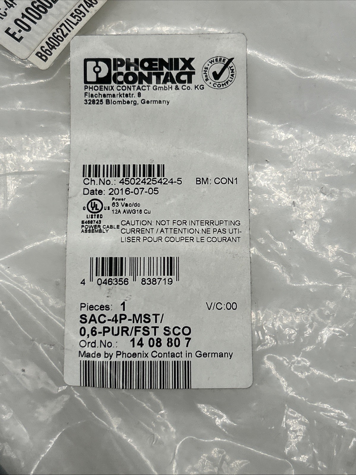 Phoenix Contact power cable SAC-4P-M12MST/0.6-PUR/M12FST, 0.6 m, 4-pin, M12 T-coded (1408807) - Bild 2
