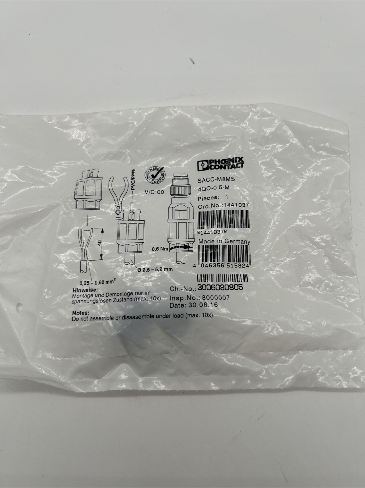Phoenix Contact SACC-M 8MS-4QO-0.5-M (1441037) M8 connector, 4-pin, A-coded, IDC