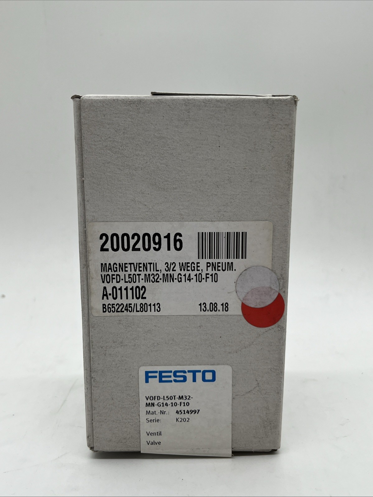 Festo VOFD-L50T-M32-MN-G14-10-F10 (4514997) Solenoid Valve 3/2-way, G1/4, 0–10 bar, 493 l/min – NEW / SEALED