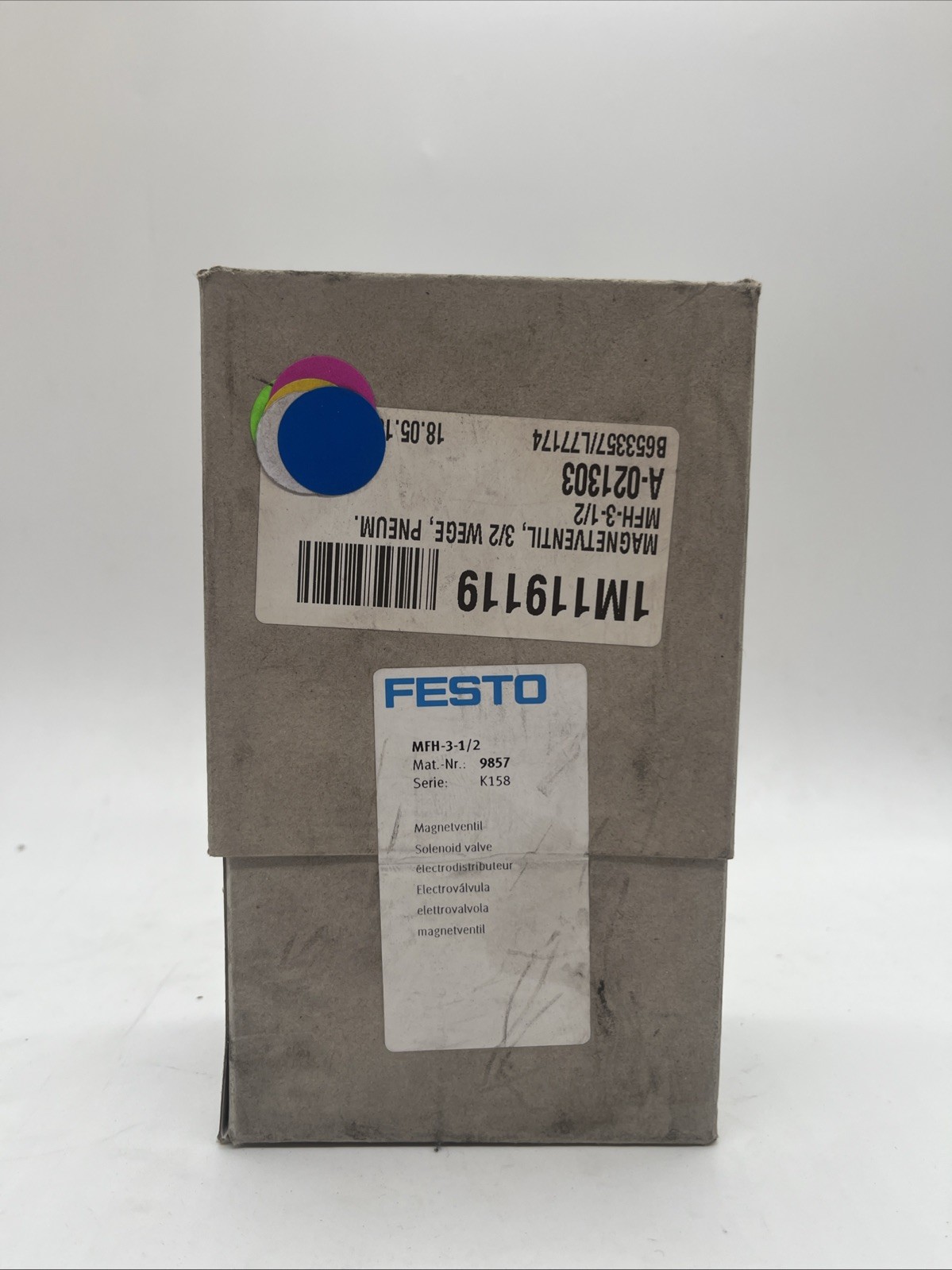 Festo 9857 MFH-3-1/2 Solenoid Valve 3/2-Way, G1/2, 3700 l/min – NEW / SEALED