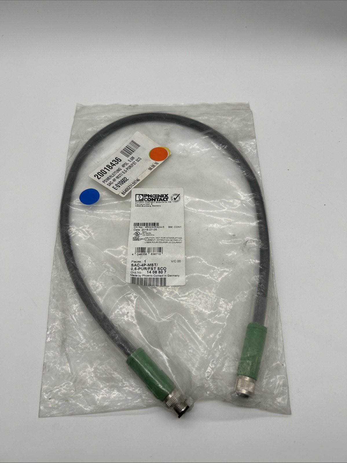 Phoenix Contact power cable SAC-4P-M12MST/0.6-PUR/M12FST, 0.6 m, 4-pin, M12 T-coded (1408807)