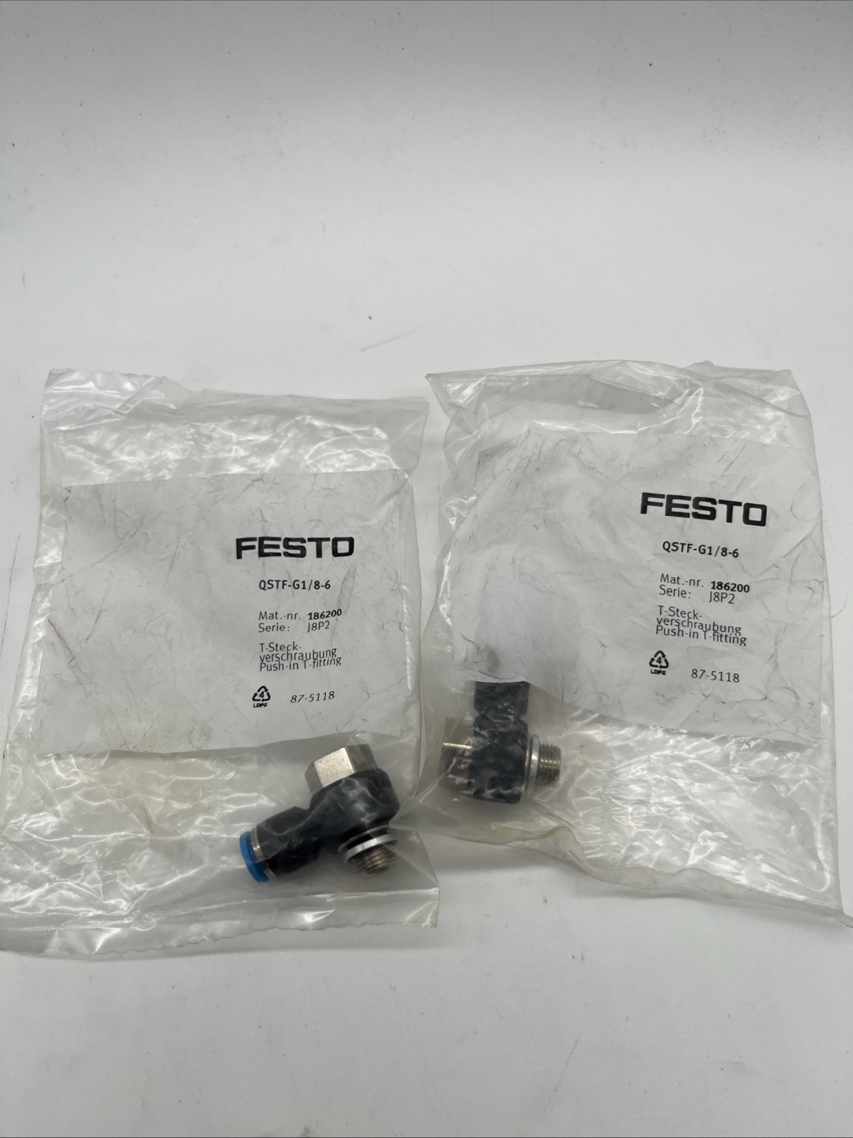 FESTO QSTF-G1/8-6 T-fitting, G1/8 to 6 mm (2 pieces) – New
